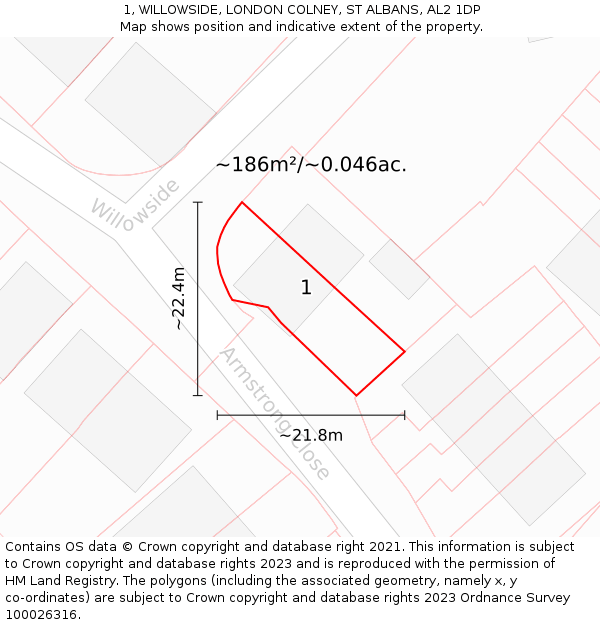 1, WILLOWSIDE, LONDON COLNEY, ST ALBANS, AL2 1DP: Plot and title map