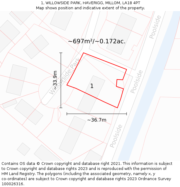 1, WILLOWSIDE PARK, HAVERIGG, MILLOM, LA18 4PT: Plot and title map