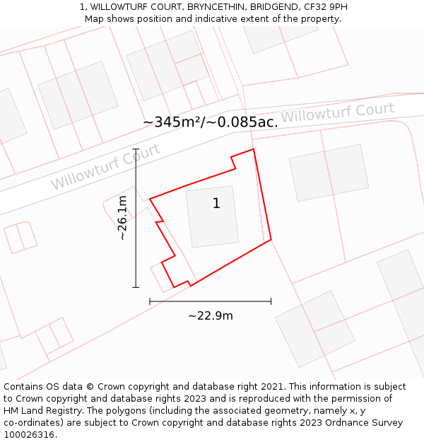 1, WILLOWTURF COURT, BRYNCETHIN, BRIDGEND, CF32 9PH: Plot and title map