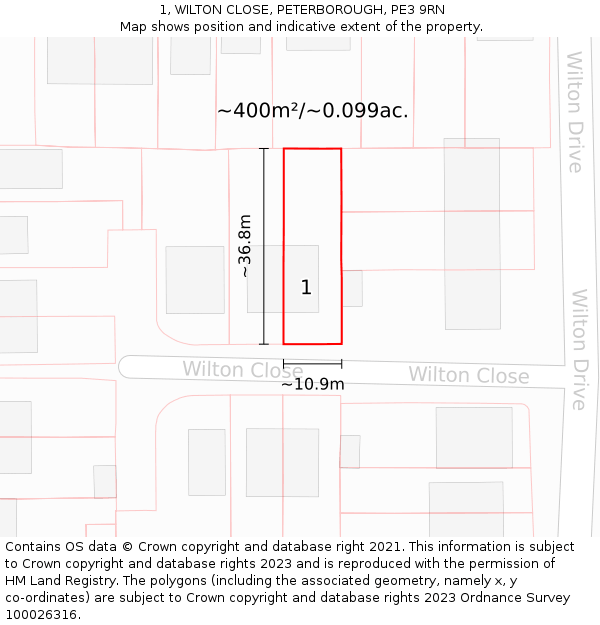1, WILTON CLOSE, PETERBOROUGH, PE3 9RN: Plot and title map