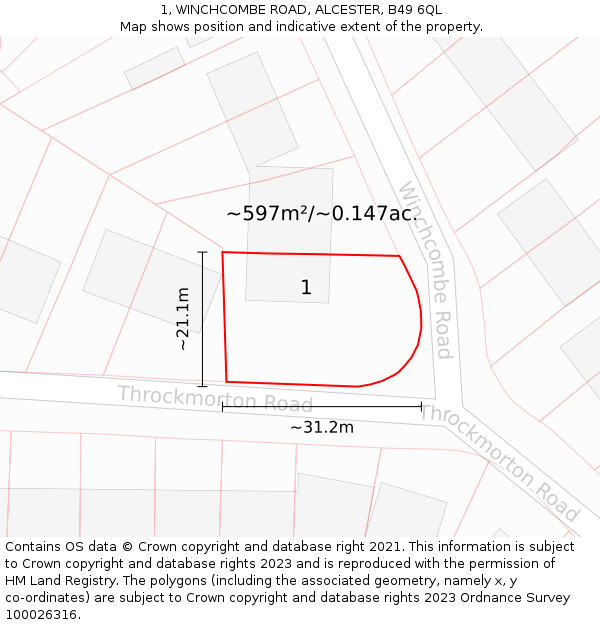 1, WINCHCOMBE ROAD, ALCESTER, B49 6QL: Plot and title map