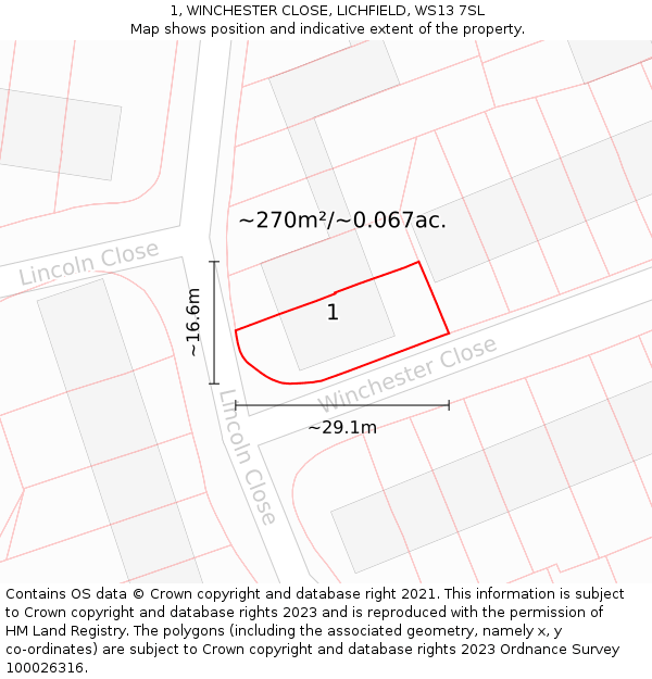 1, WINCHESTER CLOSE, LICHFIELD, WS13 7SL: Plot and title map