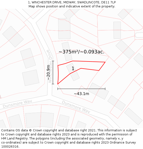 1, WINCHESTER DRIVE, MIDWAY, SWADLINCOTE, DE11 7LP: Plot and title map