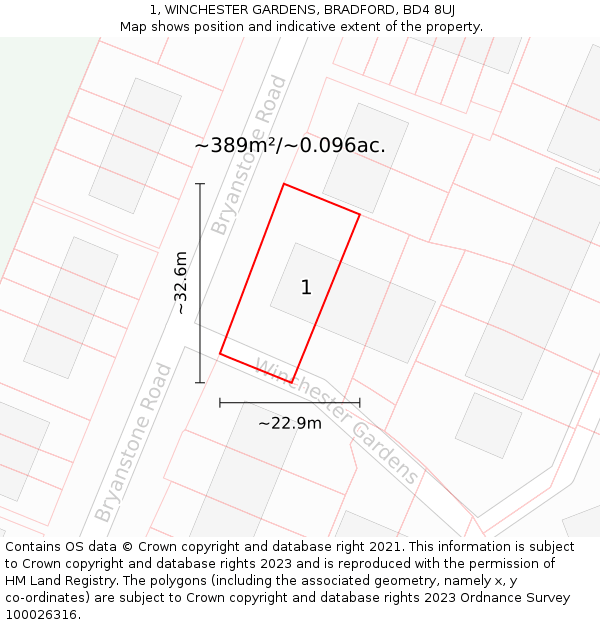 1, WINCHESTER GARDENS, BRADFORD, BD4 8UJ: Plot and title map