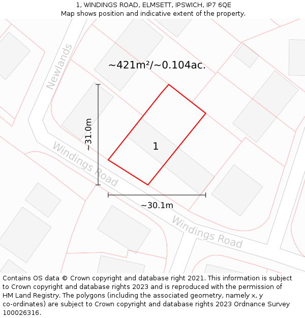1, WINDINGS ROAD, ELMSETT, IPSWICH, IP7 6QE: Plot and title map