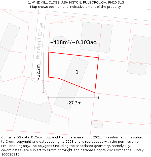 1, WINDMILL CLOSE, ASHINGTON, PULBOROUGH, RH20 3LG: Plot and title map