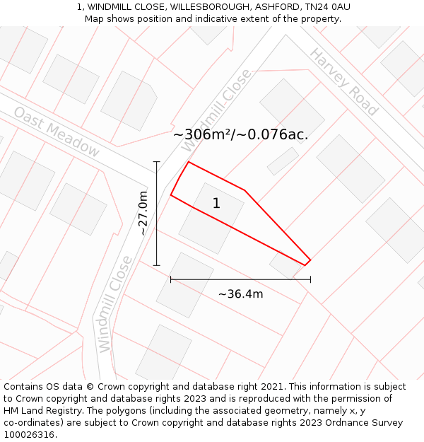 1, WINDMILL CLOSE, WILLESBOROUGH, ASHFORD, TN24 0AU: Plot and title map