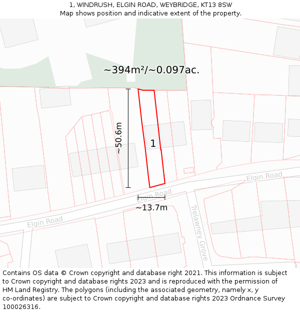 1, WINDRUSH, ELGIN ROAD, WEYBRIDGE, KT13 8SW: Plot and title map