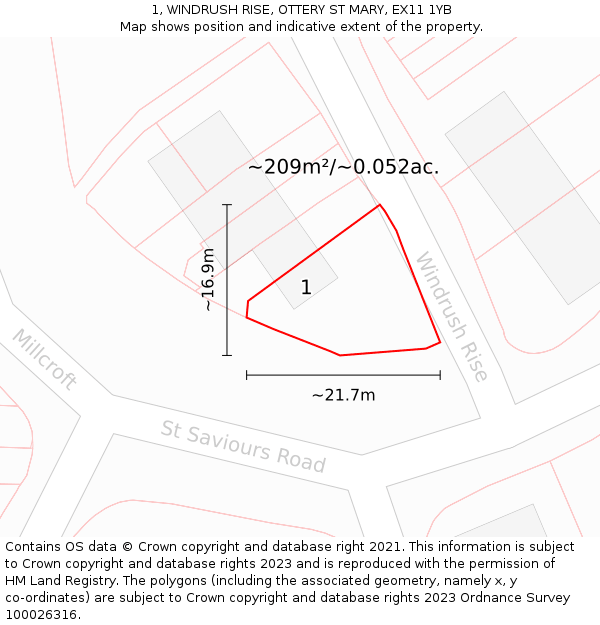 1, WINDRUSH RISE, OTTERY ST MARY, EX11 1YB: Plot and title map