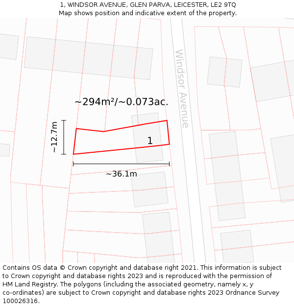1, WINDSOR AVENUE, GLEN PARVA, LEICESTER, LE2 9TQ: Plot and title map
