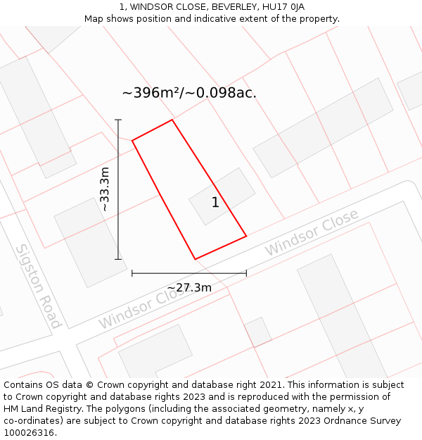 1, WINDSOR CLOSE, BEVERLEY, HU17 0JA: Plot and title map