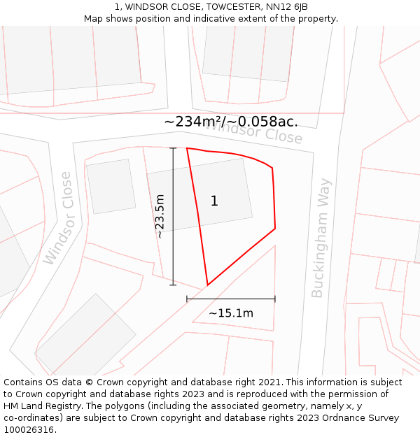 1, WINDSOR CLOSE, TOWCESTER, NN12 6JB: Plot and title map