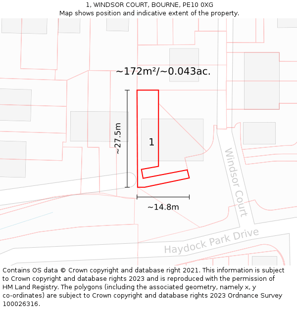 1, WINDSOR COURT, BOURNE, PE10 0XG: Plot and title map