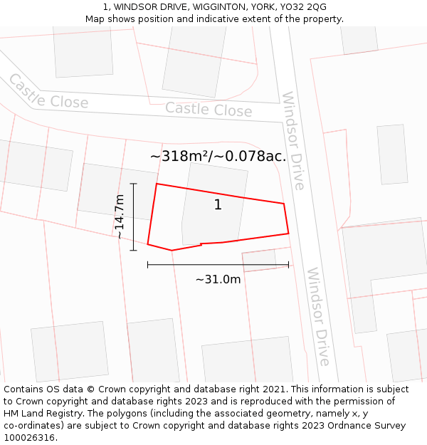 1, WINDSOR DRIVE, WIGGINTON, YORK, YO32 2QG: Plot and title map