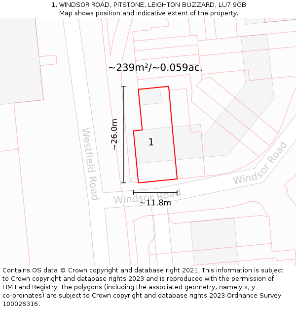 1, WINDSOR ROAD, PITSTONE, LEIGHTON BUZZARD, LU7 9GB: Plot and title map