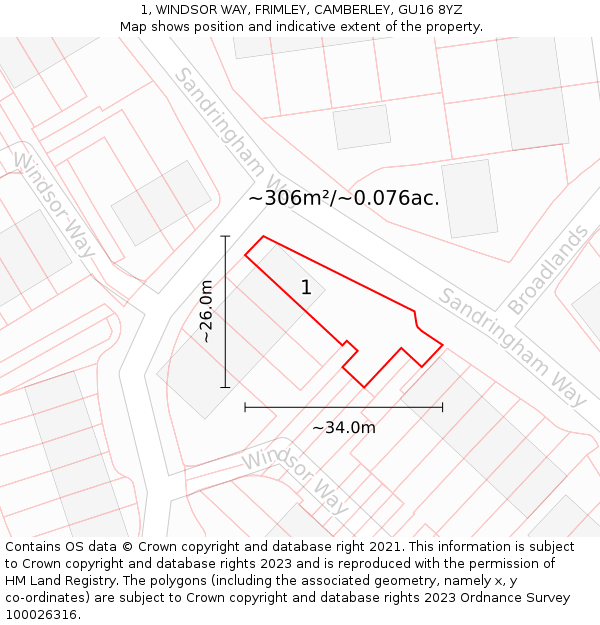 1, WINDSOR WAY, FRIMLEY, CAMBERLEY, GU16 8YZ: Plot and title map