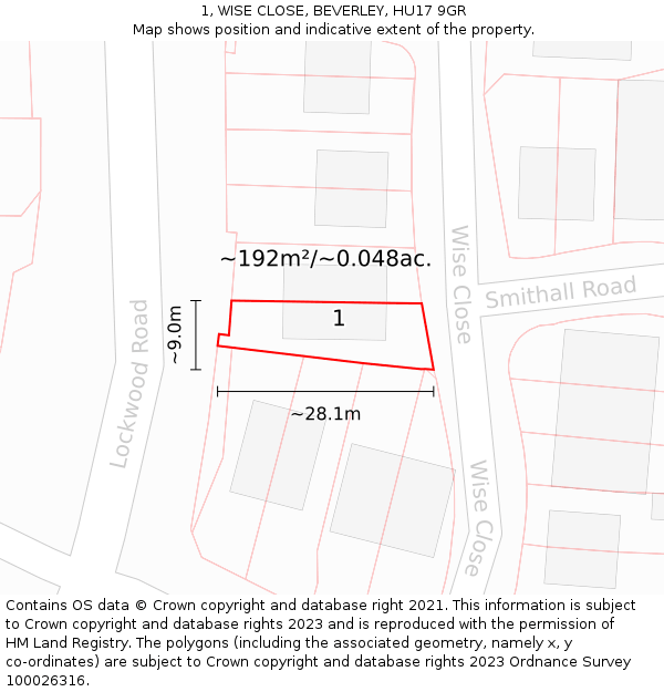 1, WISE CLOSE, BEVERLEY, HU17 9GR: Plot and title map
