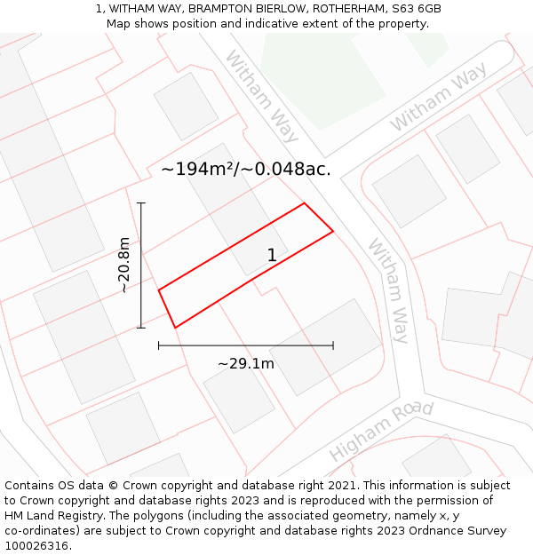1, WITHAM WAY, BRAMPTON BIERLOW, ROTHERHAM, S63 6GB: Plot and title map