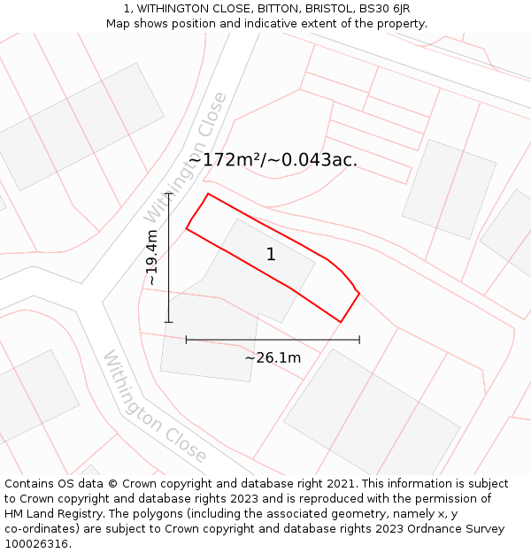 1, WITHINGTON CLOSE, BITTON, BRISTOL, BS30 6JR: Plot and title map
