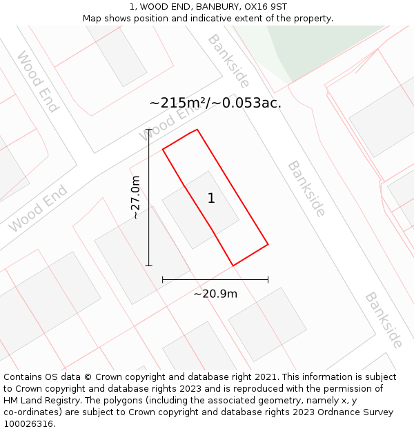 1, WOOD END, BANBURY, OX16 9ST: Plot and title map