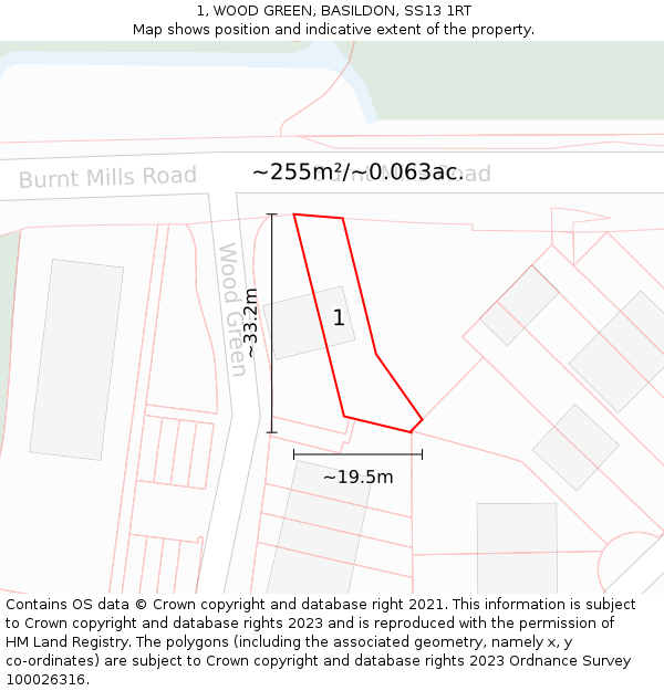 1, WOOD GREEN, BASILDON, SS13 1RT: Plot and title map