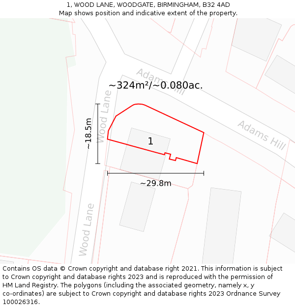 1, WOOD LANE, WOODGATE, BIRMINGHAM, B32 4AD: Plot and title map