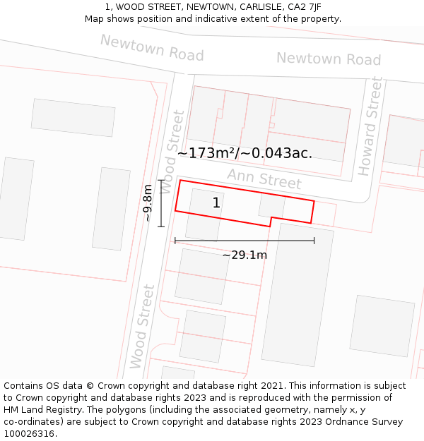 1, WOOD STREET, NEWTOWN, CARLISLE, CA2 7JF: Plot and title map