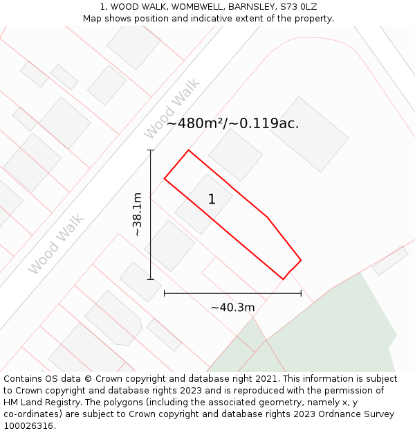 1, WOOD WALK, WOMBWELL, BARNSLEY, S73 0LZ: Plot and title map