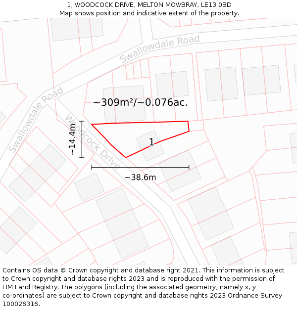 1, WOODCOCK DRIVE, MELTON MOWBRAY, LE13 0BD: Plot and title map