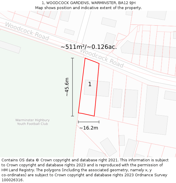 1, WOODCOCK GARDENS, WARMINSTER, BA12 9JH: Plot and title map