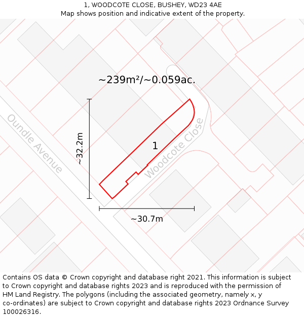 1, WOODCOTE CLOSE, BUSHEY, WD23 4AE: Plot and title map