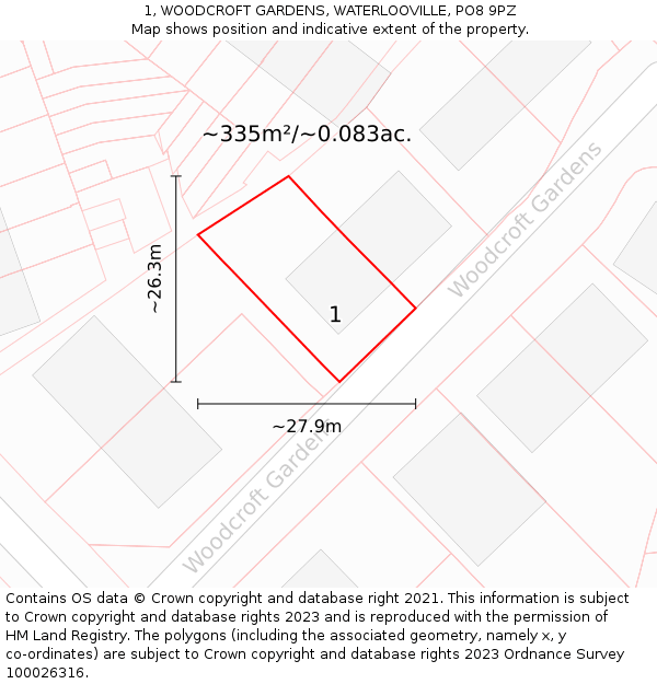 1, WOODCROFT GARDENS, WATERLOOVILLE, PO8 9PZ: Plot and title map