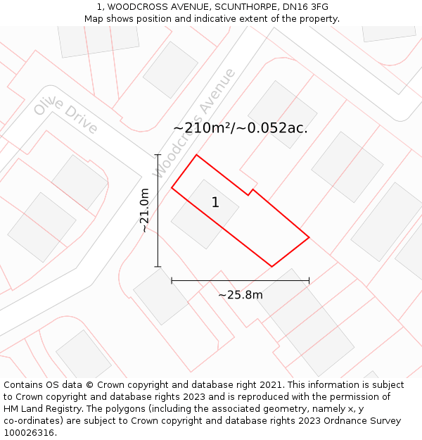 1, WOODCROSS AVENUE, SCUNTHORPE, DN16 3FG: Plot and title map