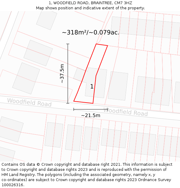 1, WOODFIELD ROAD, BRAINTREE, CM7 3HZ: Plot and title map
