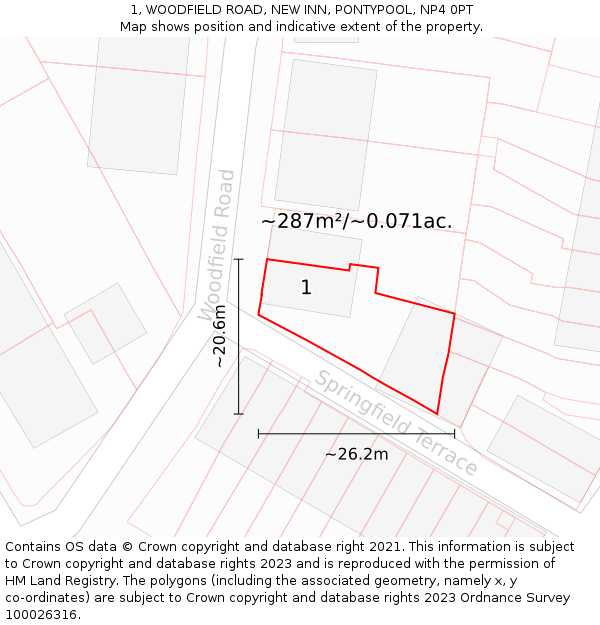 1, WOODFIELD ROAD, NEW INN, PONTYPOOL, NP4 0PT: Plot and title map