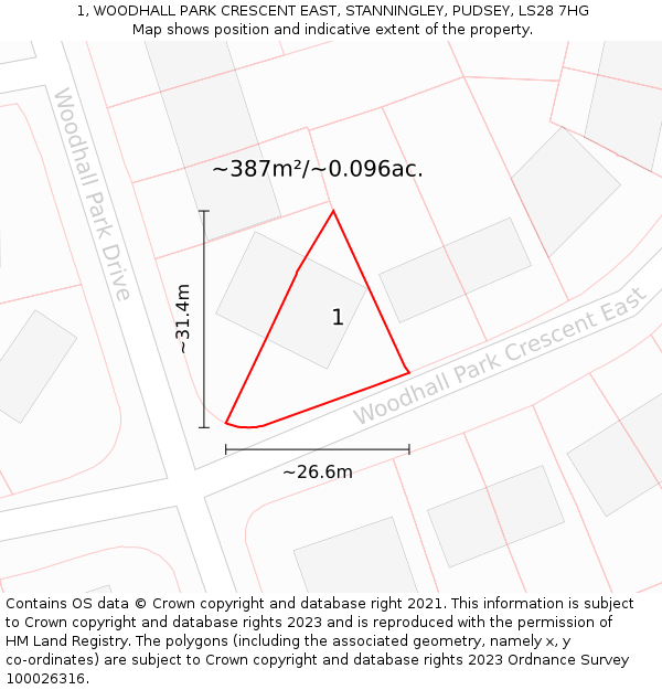 1, WOODHALL PARK CRESCENT EAST, STANNINGLEY, PUDSEY, LS28 7HG: Plot and title map
