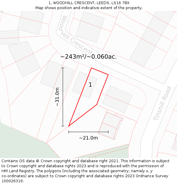 1, WOODHILL CRESCENT, LEEDS, LS16 7BX: Plot and title map