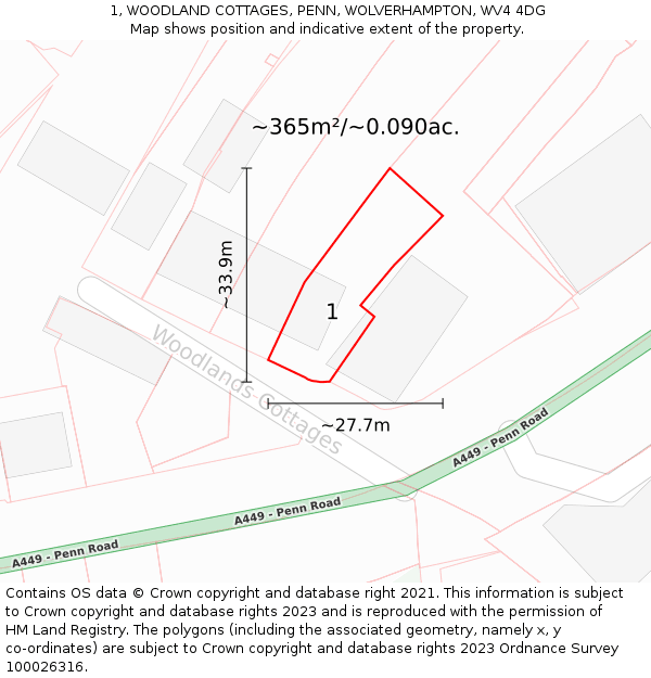 1, WOODLAND COTTAGES, PENN, WOLVERHAMPTON, WV4 4DG: Plot and title map
