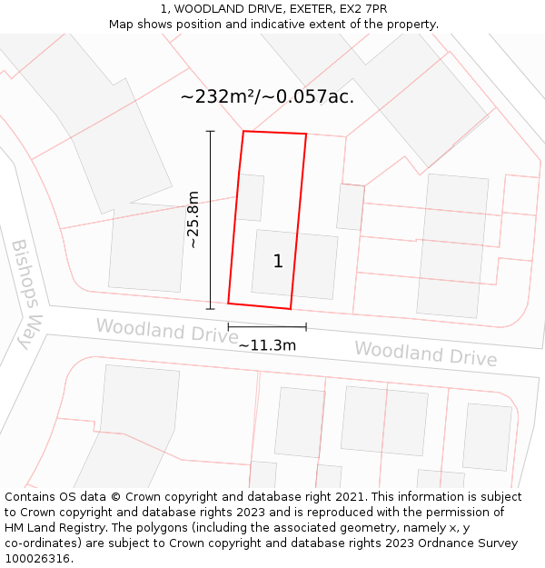 1, WOODLAND DRIVE, EXETER, EX2 7PR: Plot and title map