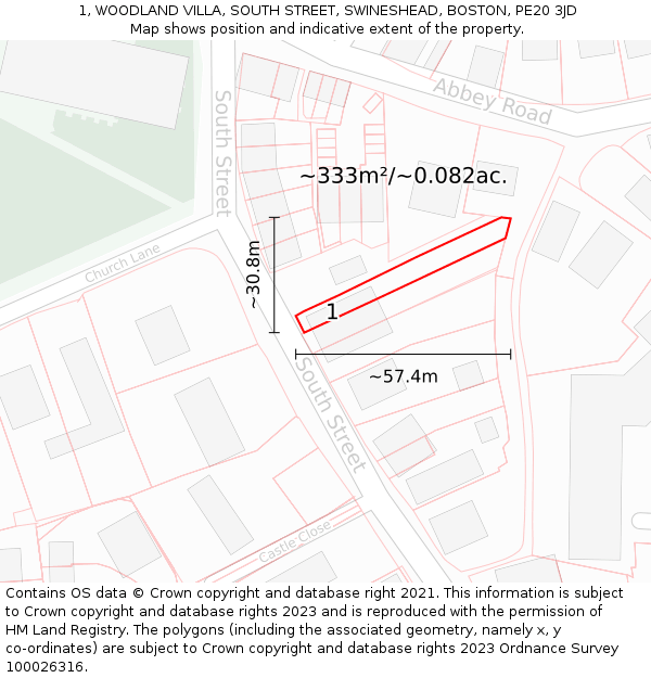 1, WOODLAND VILLA, SOUTH STREET, SWINESHEAD, BOSTON, PE20 3JD: Plot and title map