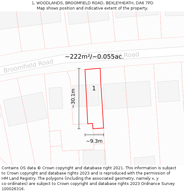 1, WOODLANDS, BROOMFIELD ROAD, BEXLEYHEATH, DA6 7PD: Plot and title map