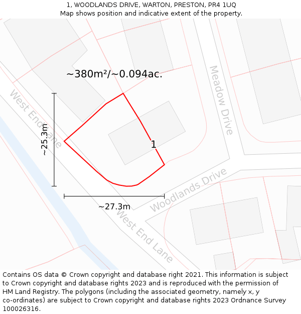 1, WOODLANDS DRIVE, WARTON, PRESTON, PR4 1UQ: Plot and title map