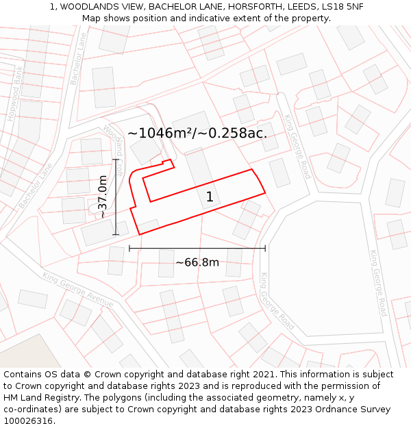 1, WOODLANDS VIEW, BACHELOR LANE, HORSFORTH, LEEDS, LS18 5NF: Plot and title map