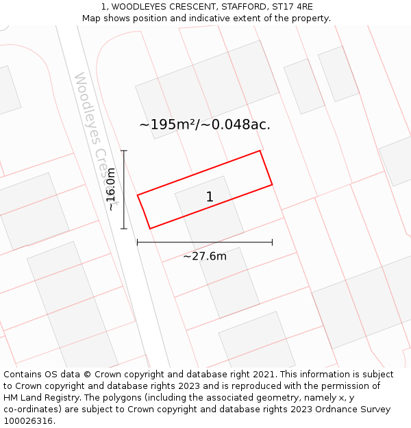 1, WOODLEYES CRESCENT, STAFFORD, ST17 4RE: Plot and title map