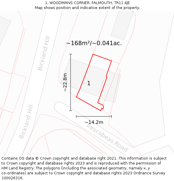 1, WOODMANS CORNER, FALMOUTH, TR11 4JE: Plot and title map