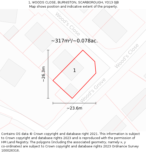 1, WOODS CLOSE, BURNISTON, SCARBOROUGH, YO13 0JB: Plot and title map