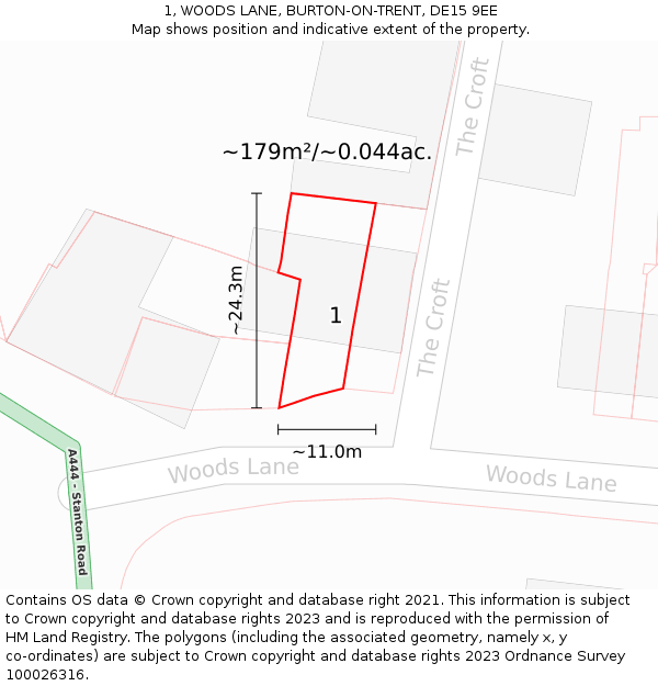 1, WOODS LANE, BURTON-ON-TRENT, DE15 9EE: Plot and title map