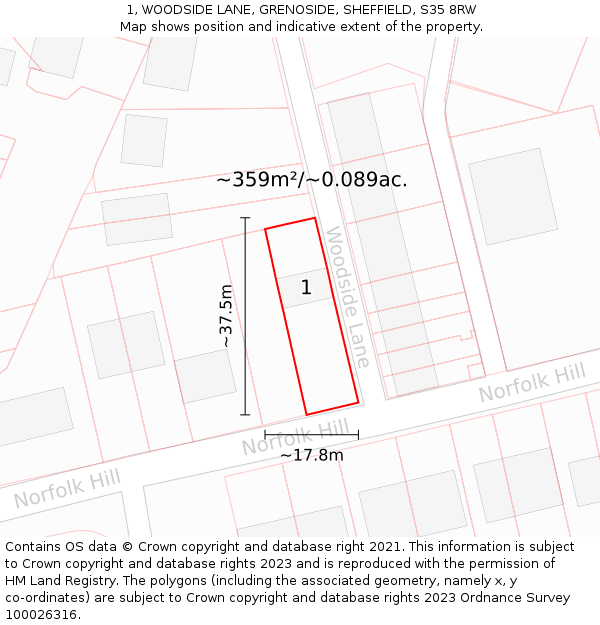 1, WOODSIDE LANE, GRENOSIDE, SHEFFIELD, S35 8RW: Plot and title map