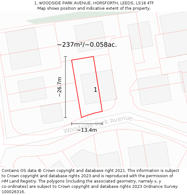 1, WOODSIDE PARK AVENUE, HORSFORTH, LEEDS, LS18 4TF: Plot and title map