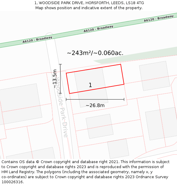 1, WOODSIDE PARK DRIVE, HORSFORTH, LEEDS, LS18 4TG: Plot and title map